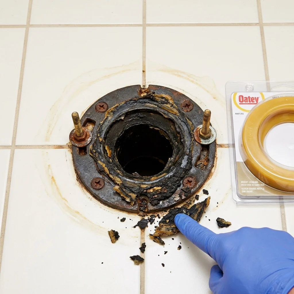 Failed wax ring showing water seepage at the base of a toilet in a Bastrop, LA home